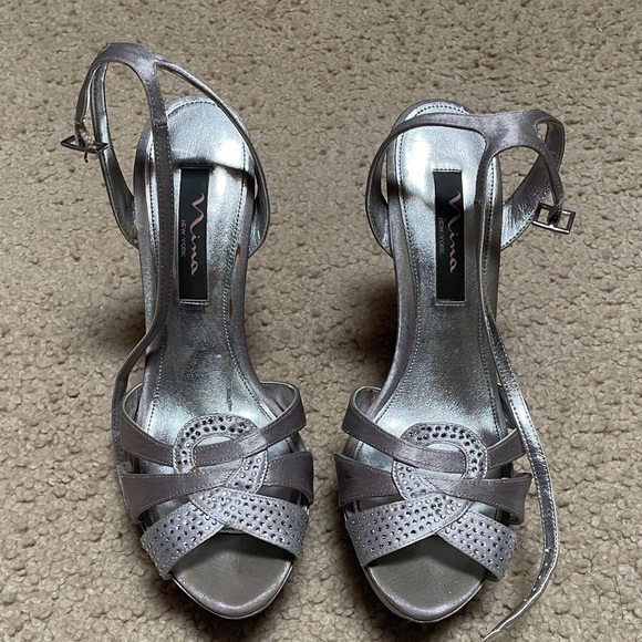 Nina Silver Strappy Heels - Picture 1 of 15